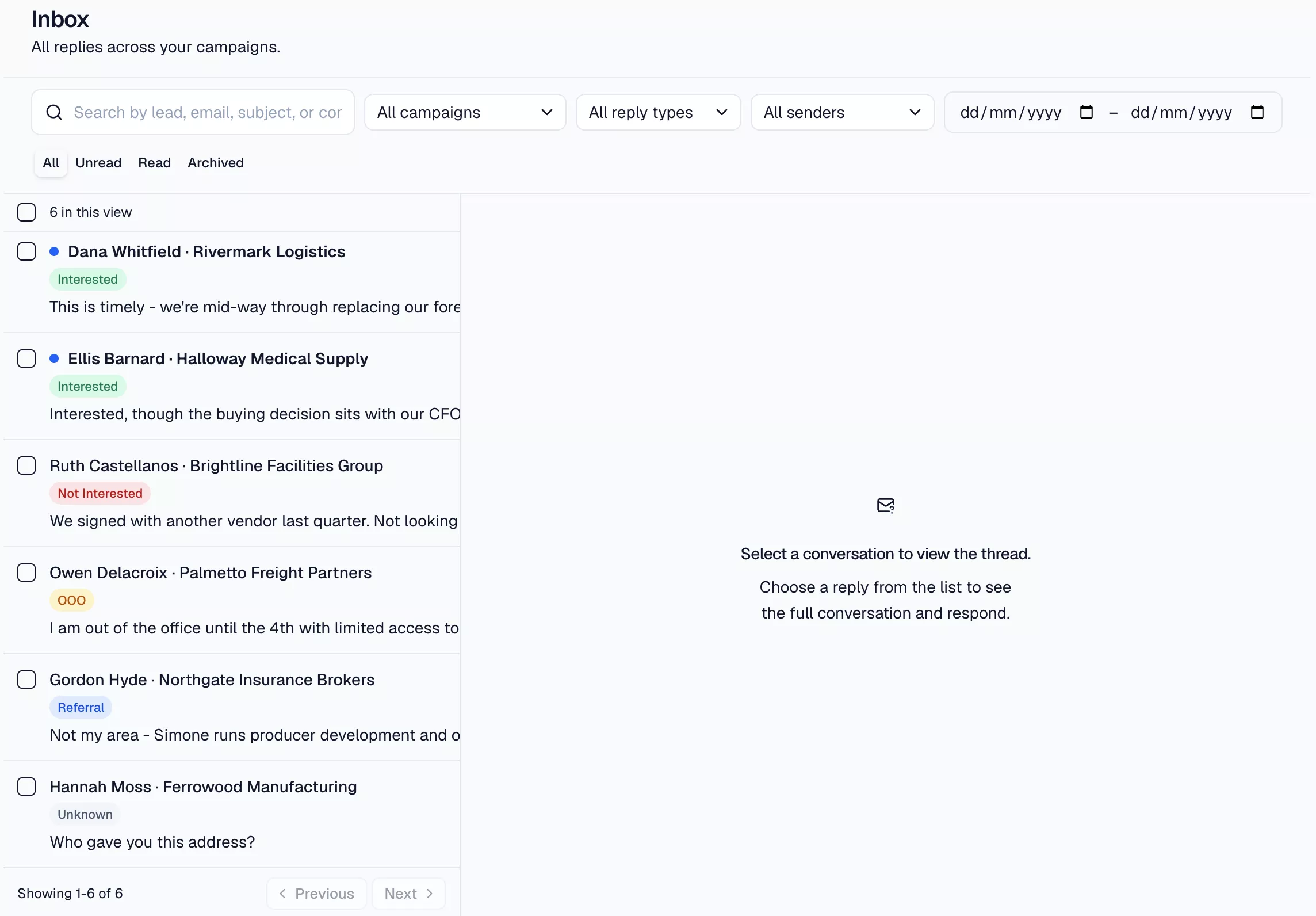 The Inbox conversation list, showing replies from several campaigns each carrying a classification badge