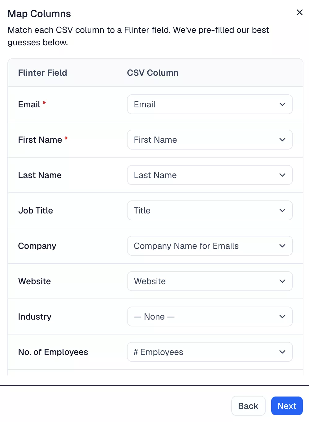 The Map Columns step, matching CSV headers such as "Title" and "Company Name for Emails" to Flinter's own fields, with Industry left unmapped