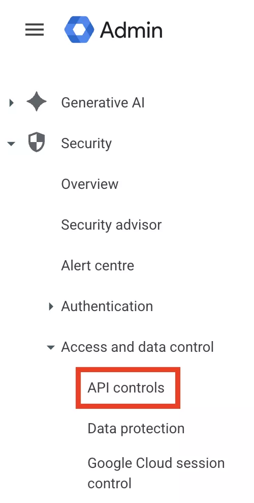 The Google Admin Console sidebar with Security expanded, showing API controls under Access and data control