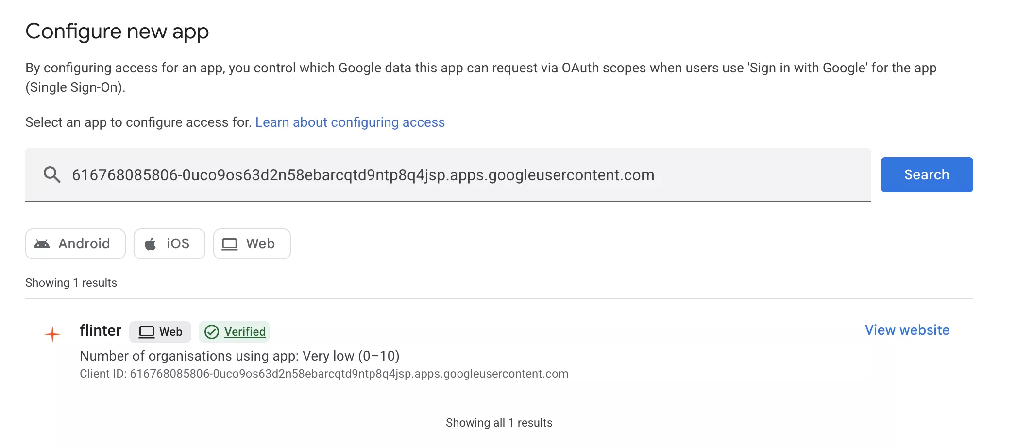 The Configure new app screen with a Client ID pasted into the search box and Flinter returned as the single result