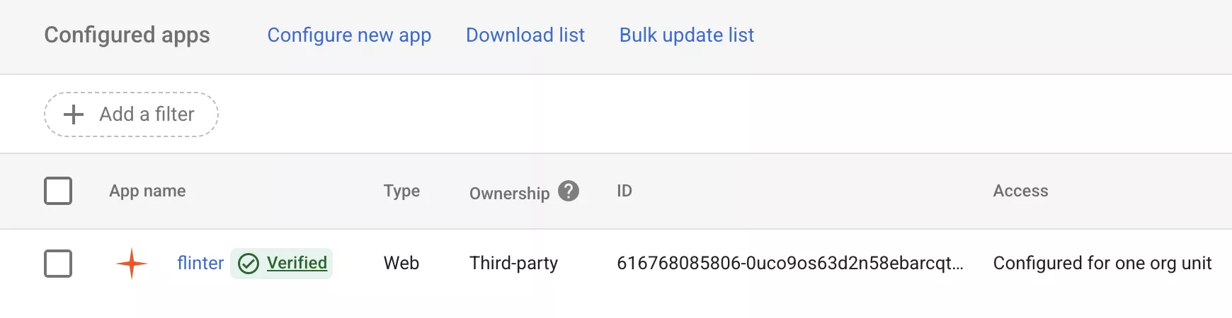 The Configured apps list showing Flinter listed as a verified third-party web app