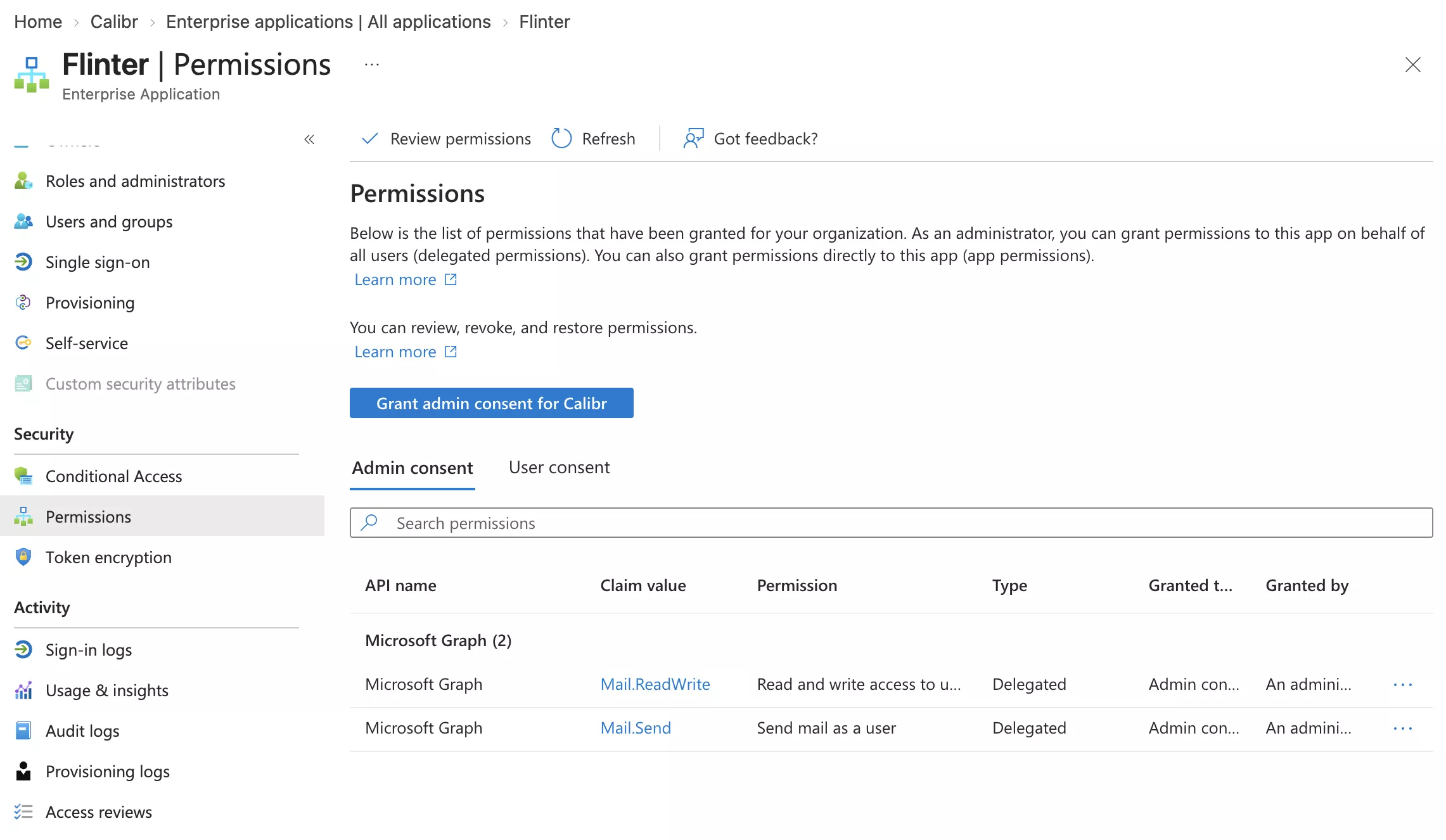 The Flinter enterprise application's Permissions page in Entra, with the Grant admin consent button above the list of granted permissions