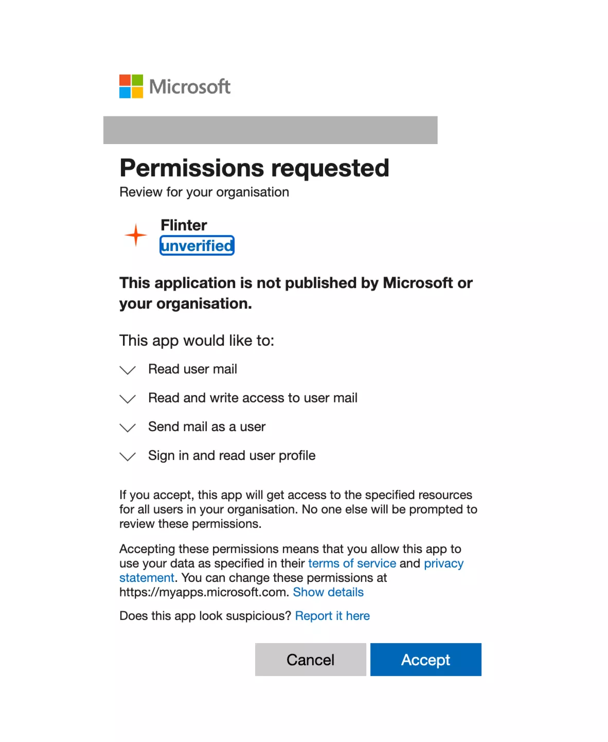 The organisation-wide consent screen, stating that the app will get access for all users in the organisation and no one else will be prompted