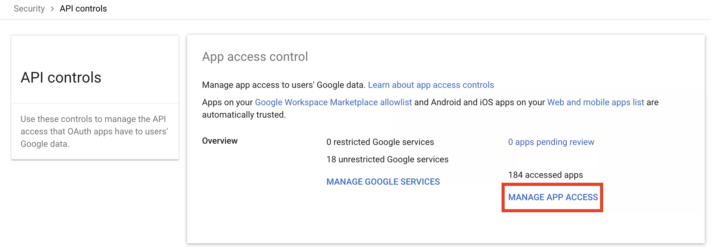 The API controls page showing the App access control panel with the MANAGE APP ACCESS link highlighted
