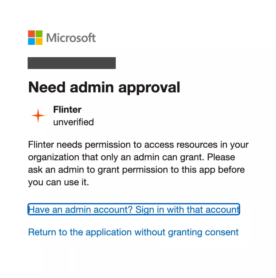 Microsoft's Need admin approval screen, saying Flinter needs permission that only an admin can grant