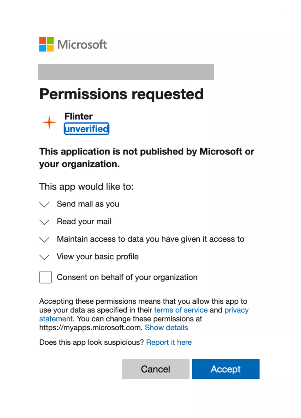Microsoft's permissions screen showing the Consent on behalf of your organization checkbox left unticked